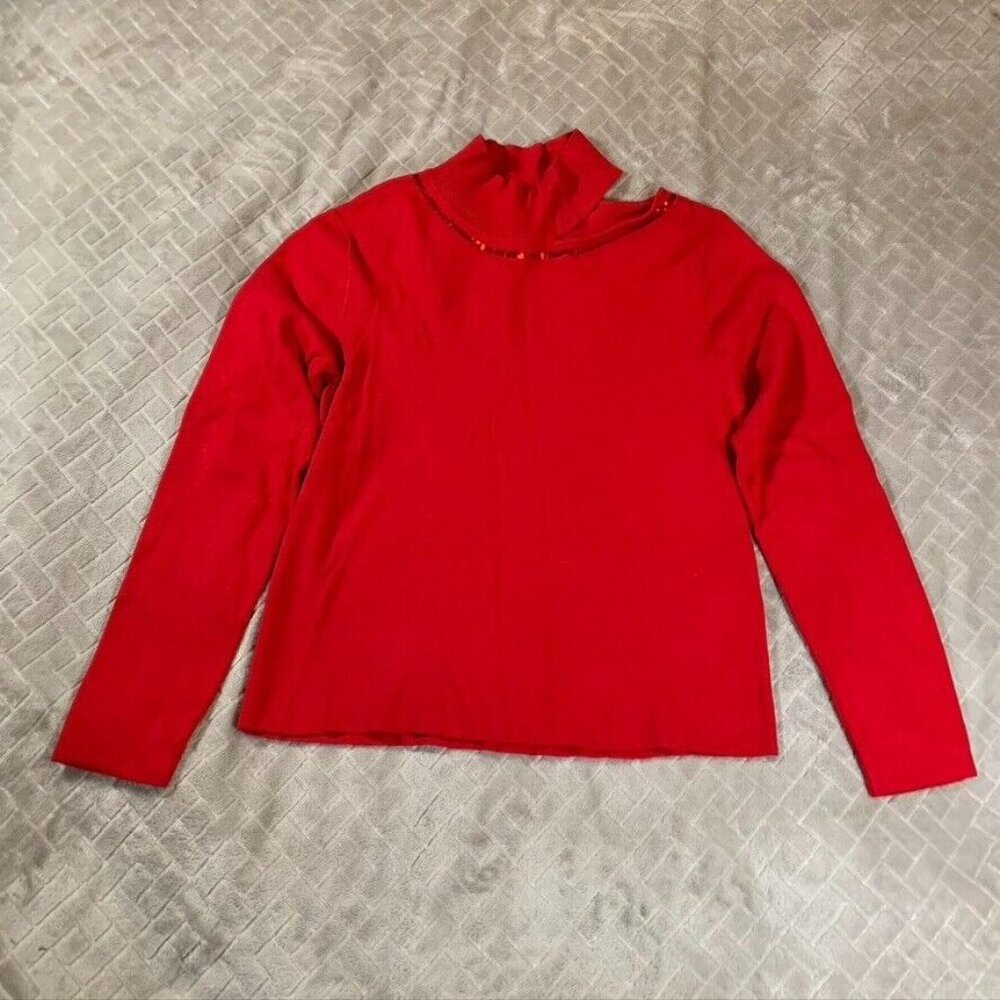 Calvin Klein Womens M Sweater Red Sequin Pullover Asymmetrical Mock Neck Holiday